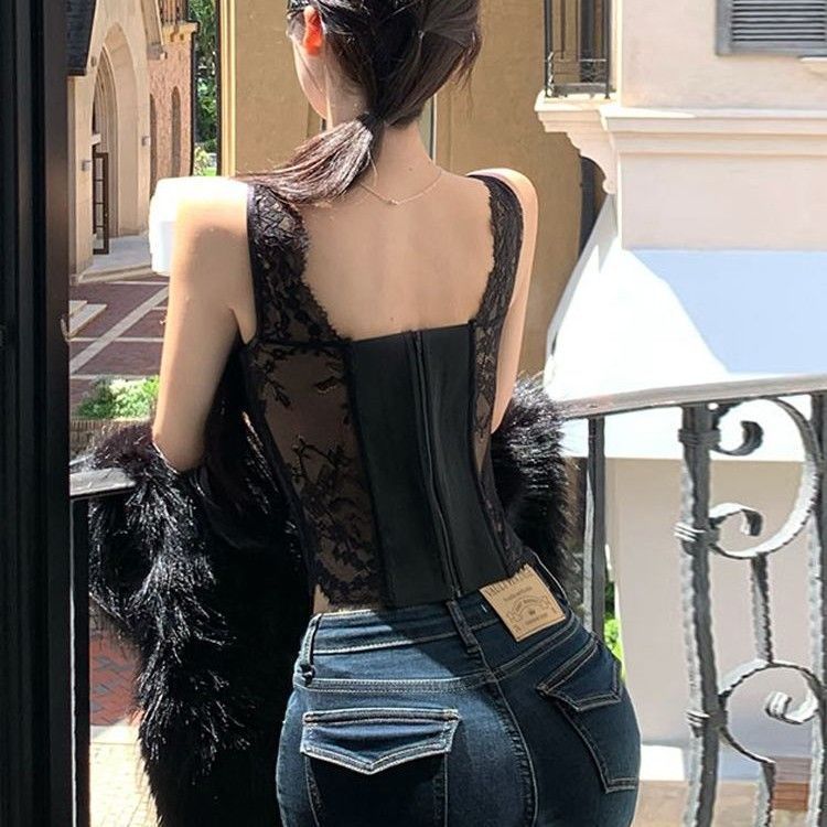 Ren Gợi Cảm Móc Thấp Cá Vest Xương Hơi Trong Suốt Mỏng Phù Hợp Thẳng Ôm Ôm Hơn Nhìn Co Giãn