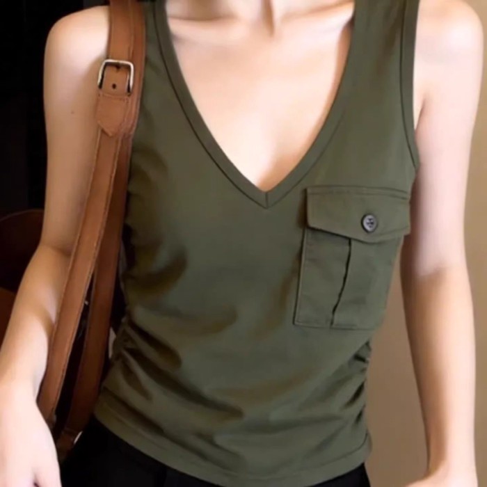 Lan ~ Phong Cách Hàn Quốc Thiết Kế Bỏ Túi Cảm Giác Áo Vest Nữ Mùa Hè Phong Cách Mới Hot Girl Phong Cách Chặt Tay Nẹp Không Tay Đệm Ngực
