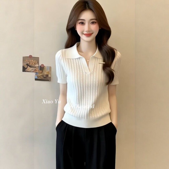 Áo thun polo dệt kim ngắn tay phong cách Hàn Quốc ngọt ngào áo thun nữ mỏng ôm vai phải
