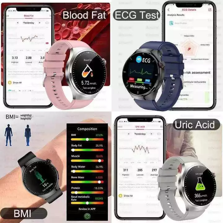 Đồng hồ thông minh đường huyết, axit uric, mỡ máu, điện tâm đồ (ECG) + PPG, đo huyết áp, gọi Bluetooth, theo dõi sức kh – 5