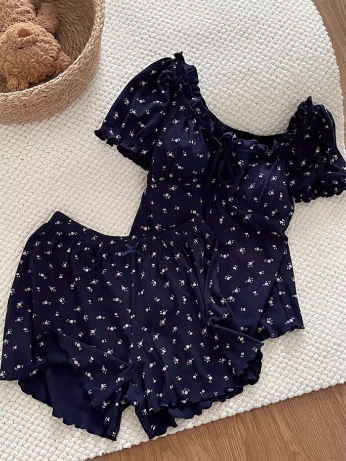 Bộ đồ ngủ ngắn tay in hoa cao cấp dành cho nữ mùa hè quần short hai mảnh phong cách mới có mi