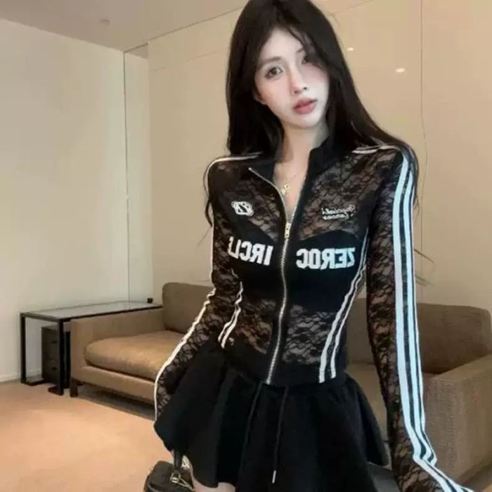 Áo len cardigan ren xuyên thấu kiểu Mỹ có cổ đứng dài tay dáng ôm mùa hè dành cho nữ