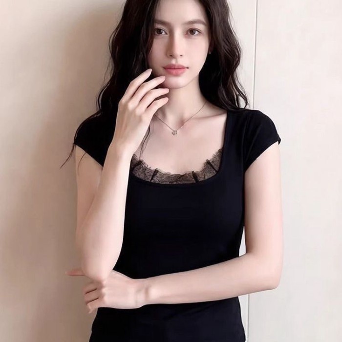 Áo ghi lê ren cổ vuông màu đen Áo thun không tay niche hàng đầu giảm béo vận chuyển