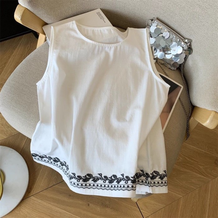 áo thun thêu bằng vải cotton và vải lanh công nghiệp nặng phong cách Trung Quốc mùa hè thời tran
