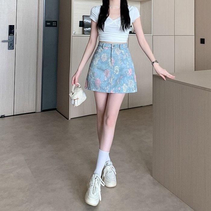 Retro Đau Khổ Hoa Hồng Hoa Denim Váy Ngắn Nữ Cao Cấp Ôm Cổ Đa Năng Hông Váy