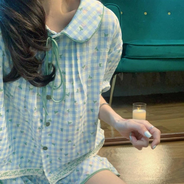 Mùa hè mới bộ đồ ngủ cổ búp bê kẻ sọc ngắn tay quần short pyjama phong cách ngọt ngào dễ thươ