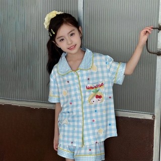 Kẻ Sọc Mèo Kitty Bộ Đồ Ngủ Bé Gái Mùa Hè Mỏng Bé Gái Tay Ngắn Phù Hợp Với Trẻ Em Nhà Quần Áo Áo Kho
