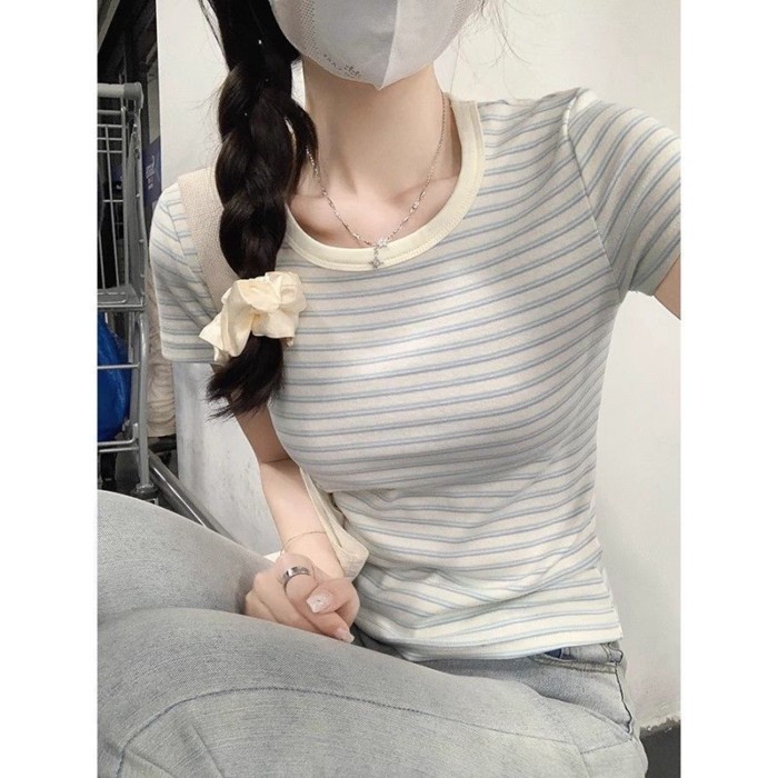 Áo thun ngắn tay sọc thiết kế ngọt ngào sang trọng dành cho nữ mùa hè Áo slim Nhật Bản tươi tr