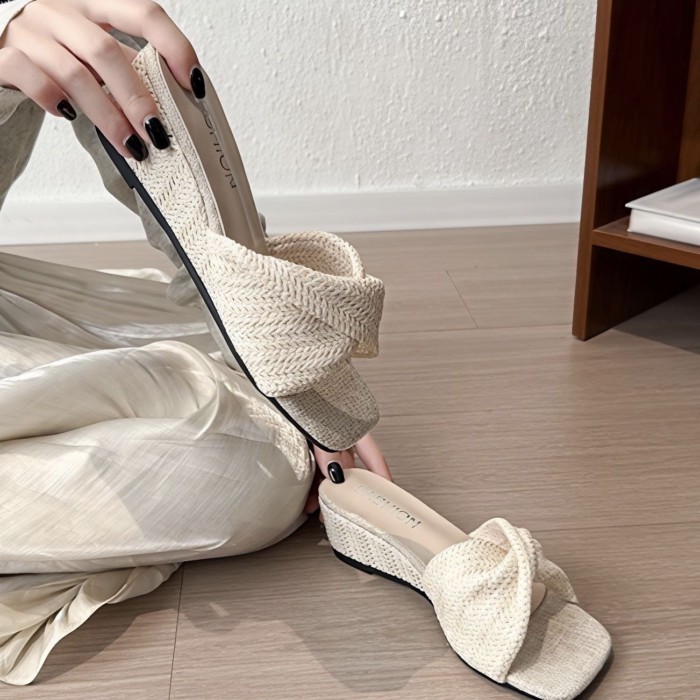 Dép dệt kiểu cổ điển của Pháp dành cho nữ, gót dày thời trang và đa năng với váy, dép đế nêm