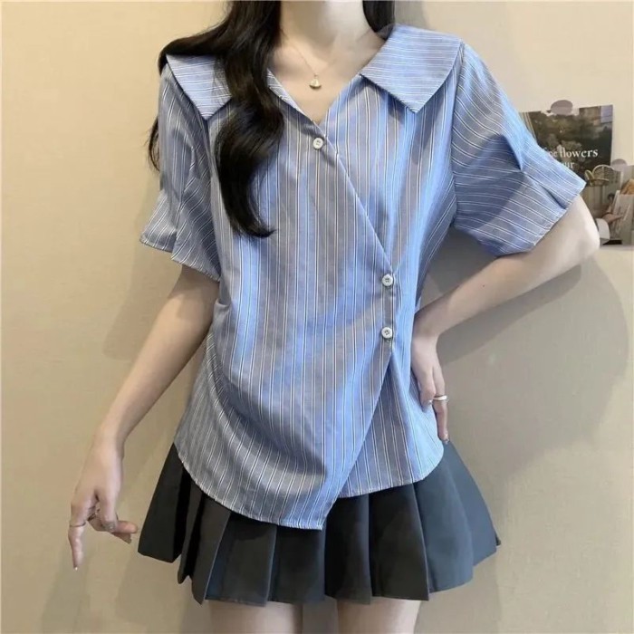 Áo sơ mi cổ chữ V phong cách Pháp cho nữ mùa hè, áo ngắn tay xếp ly không đều cao cấp giảm béo c