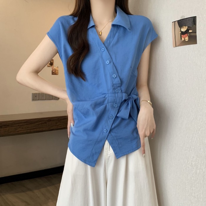 dây đai siết eo, sơ mi ngắn tay thời trang, giảm béo mới mùa hè, áo đơn giản, đa năng