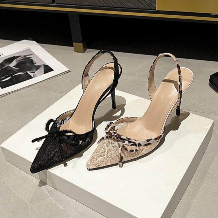 Giày sandal mũi nhọn thắt nơ khí chất mùa hè giày cao gót mũi nhọn phối ren cho nữ