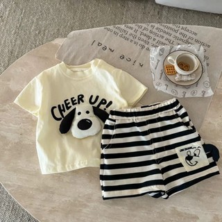 Bộ đồ hai mảnh bé trai và trẻ em ba chiều cún con phong cách mùa hè quần đùi ngắn tay in hình dễ th