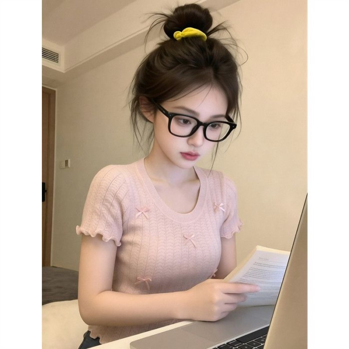 Áo len ngắn tay nơ màu hồng phong cách Hàn Quốc dành cho nữ, áo mùa hè độc đáo và đẹp mắt