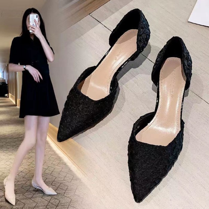 Giày Cao Gót Nữ Xuân Hè Mũi Nhọn Miệng Dẹt Tính Khí Nữ Đa Năng Cổ Rỗng Giày 3Cm