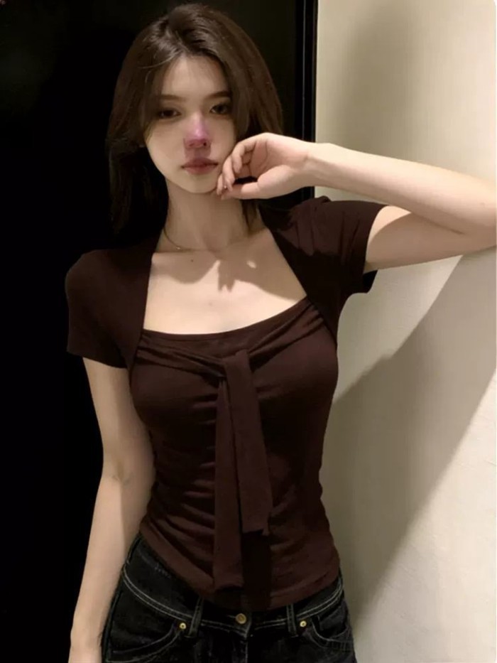 Áo thun ngắn tay cổ vuông thiết kế thời trang Mỹ dành cho nữ mùa hè mới thiết kế hot girl giả