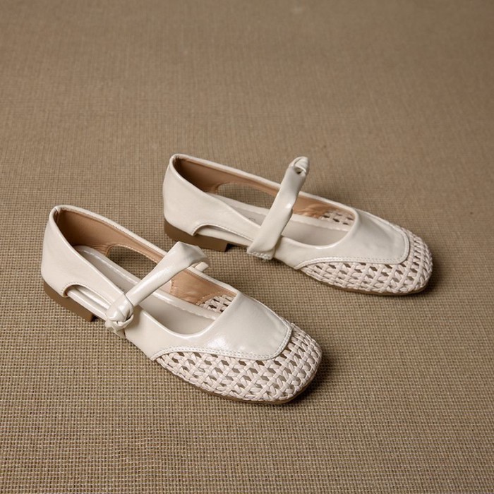 Giày sandal rỗng mũi vuông bện kiểu Pháp dành cho nữ mùa hè giày đế dày một dây Mary Jane