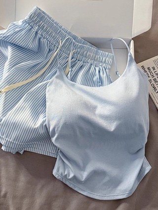 bộ đồ ngủ nhỏ có dây đeo sọc xanh tươi mới dành cho nữ mùa hè phong cách mới vest quần short mặc