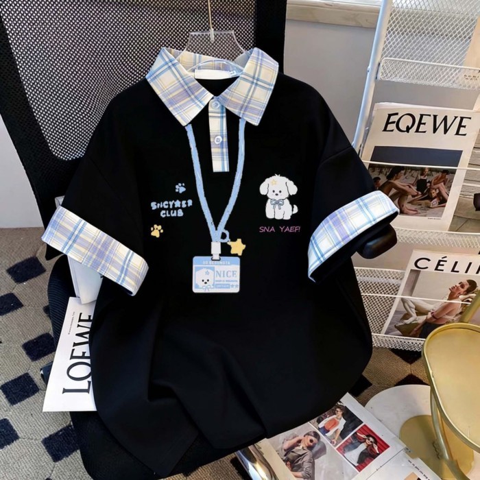 màu tương phản áo sơ mi polo có ve áo ngắn tay mùa hè nữ kẻ sọc khâu niche top