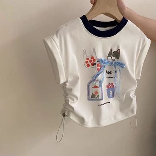 Bé gái mùa hè tay ngắn thời trang mùa hè trẻ em bé gái cổ tròn đa năng áo hoạt hình mùa hè
