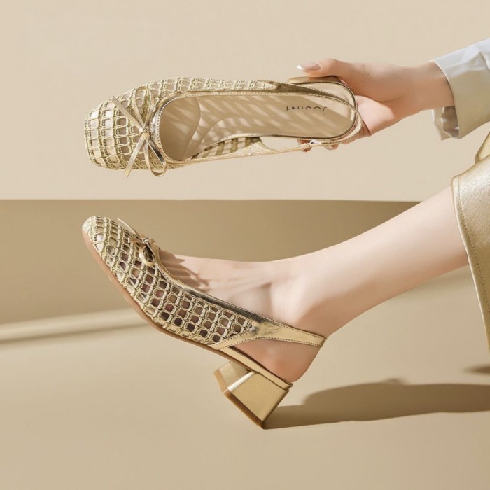 Giày Sandal Nữ Ice Silk Giày Cao Gót Gót Dày Dép Dệt Lưới Rỗng Giày Đơn Dây Quai Mũi Xăng Đan