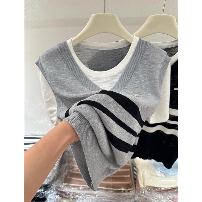 Áo vest nối màu tương phản phong cách đại học tay ngắn giả hai mảnh áo len mỏng giảm béo mùa hè dàn