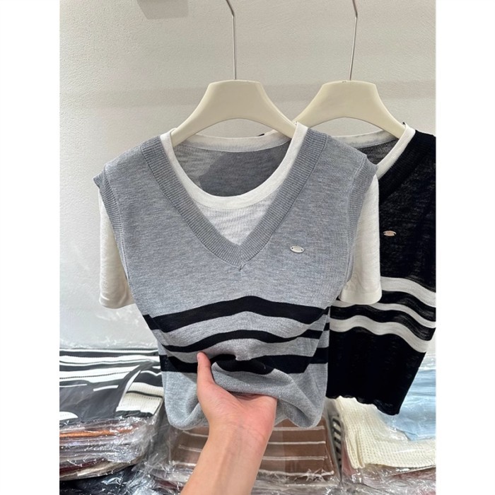 Áo vest nối màu tương phản phong cách đại học tay ngắn giả hai mảnh áo len mỏng giảm béo mùa hè dàn