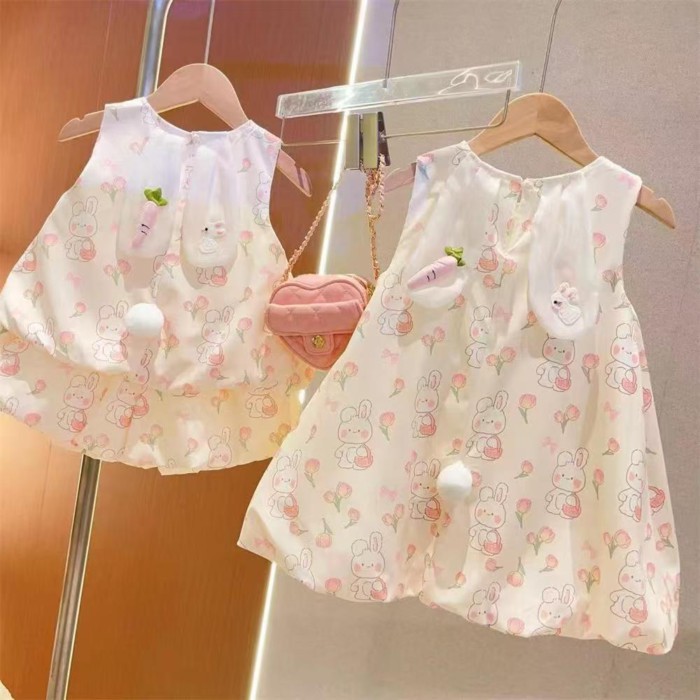 Bé Gái Mùa Hè Dễ Thương Ba Chiều Tai Thỏ Đầm Nữ Mới Hoạt Hình Thời Trang Không Tay Hoa