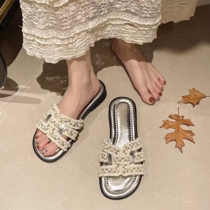 Dép ngọc trai mùa hè cho nữ, dép xỏ ngón đế phẳng, sandal đi biển đa năng kèm váy