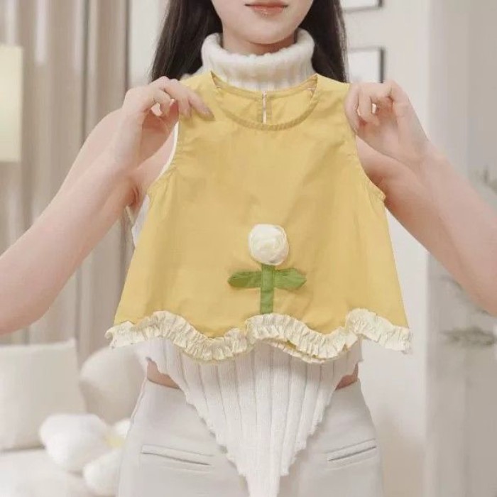 Phong Cách Nữ Xù Không Tay Phối Hoa Quần Short Bộ Đồ Mùa Hè Bé Gái Cotton Nguyên Chất Phong Cách