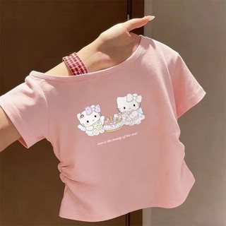 Áo thun ngắn tay cho bé gái Áo trễ vai giảm béo cho trẻ em Áo thun hình mèo Kitty ngọt ngào mùa hè