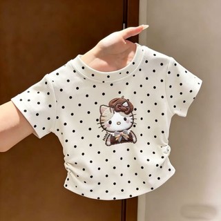 Áo thun ngắn tay chấm bi mùa hè cho bé gái phong cách Hàn Quốc Áo thun cotton co giãn kiểu dáng trẻ
