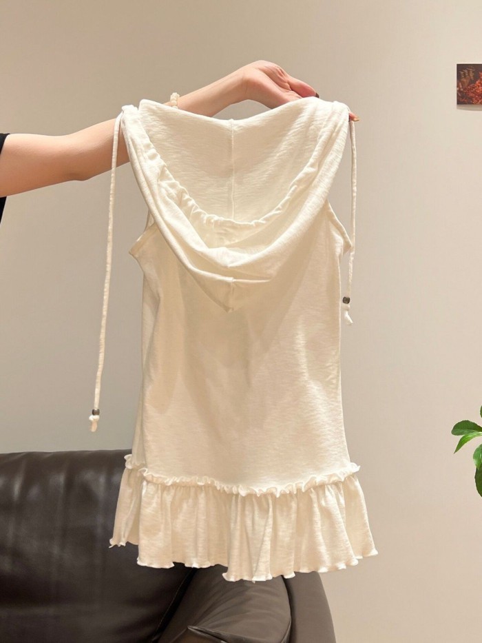 Lan ~ American Hot Girl Trắng Xù Viền Có Mũ Trùm Đầu Áo Vest Mùa Xuân Phong Cách Mới Slim-fit Phù Hợp Với Nữ