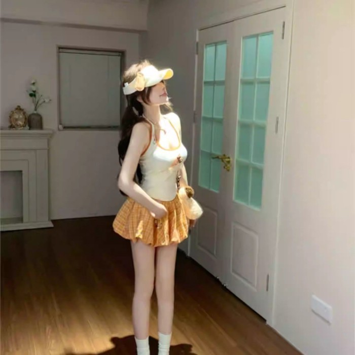 Yuanqi ngọt ngào thú cưng mùa hè hot girl kẻ sọc váy ngắn dopamine nữ