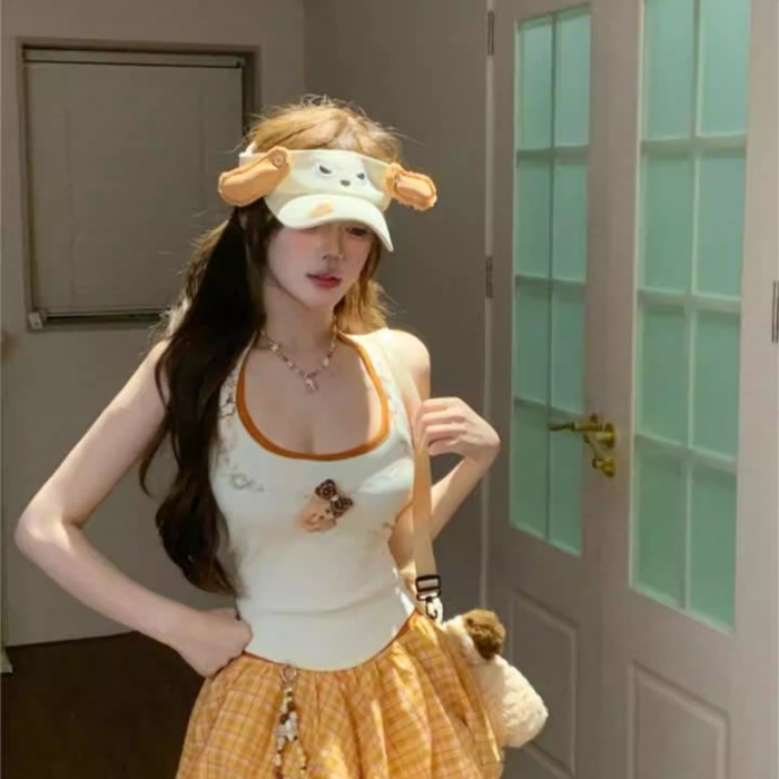 Yuanqi ngọt ngào thú cưng mùa hè hot girl kẻ sọc váy ngắn dopamine nữ