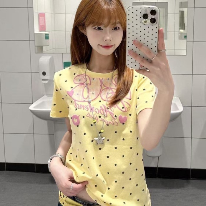 Áo thun ngắn tay in hình ngôi sao vàng của hot girl Hàn Quốc Mỹ cho nữ mặc mùa hè, áo giảm bé