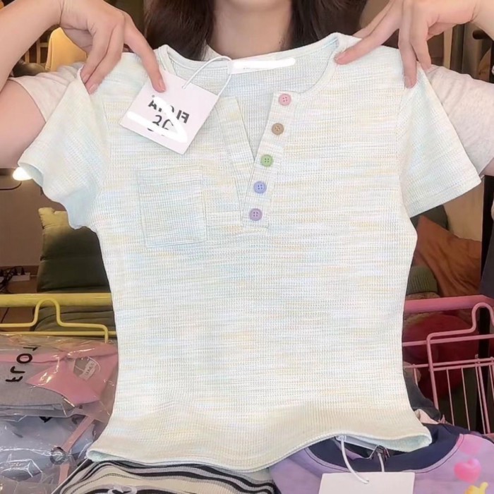 Nút màu Dopamine Hàn Quốc Sọc Slim Tay áo ngắn Slim Sweet Girl Áo thun ngắn Top Ins