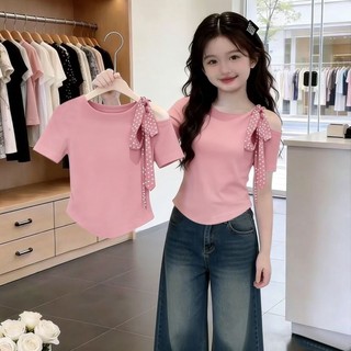 Áo thun cotton ngắn tay mùa hè cho bé gái từ trung đến lớn thiết kế lệch vai, áo ngoài dáng ôm vừa