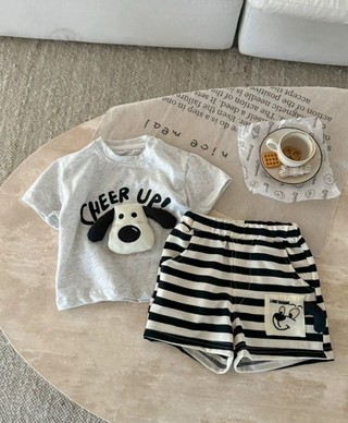 Bộ đồ hai mảnh bé trai và trẻ em ba chiều cún con phong cách mùa hè quần đùi ngắn tay in hình dễ th
