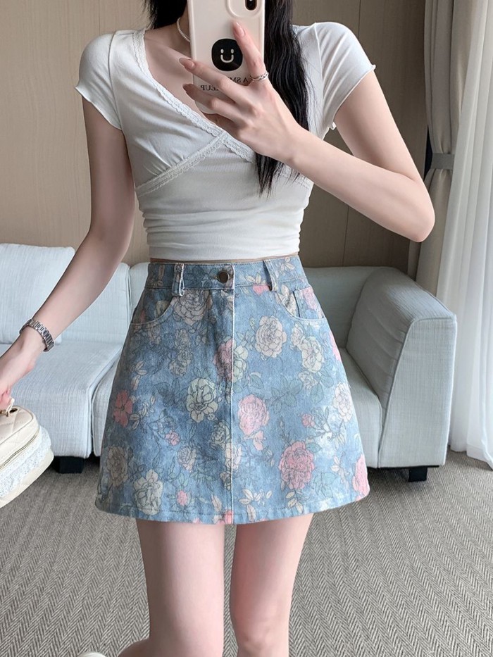 Retro Đau Khổ Hoa Hồng Hoa Denim Váy Ngắn Nữ Cao Cấp Ôm Cổ Đa Năng Hông Váy