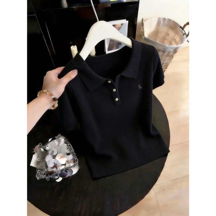 Áo sơ mi polo thêu nửa ngực màu xanh da trời Áo thun ngắn tay dành cho nữ Áo thun đa năng thô