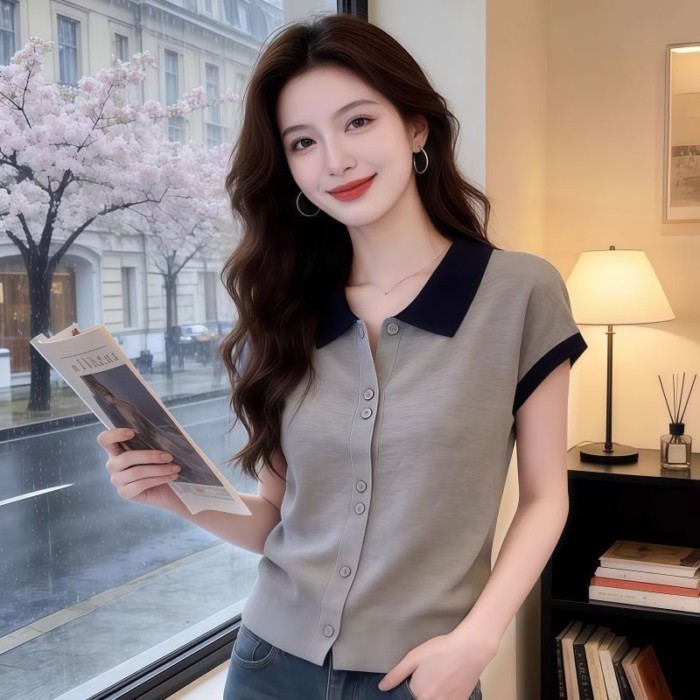 Màu sắc tương phản Hàn Quốc cổ polo ngắn tay băng lụa dệt kim cardigan nữ tính cài nút mỏng