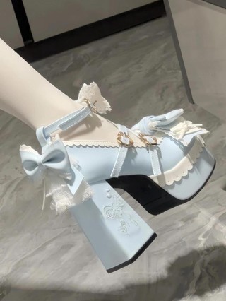 Nơ sọc đỏ Gothic Dây đeo chéo Mary Jane lo Công chúa Giày chống nước cao gót