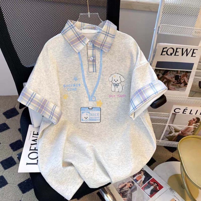 màu tương phản áo sơ mi polo có ve áo ngắn tay mùa hè nữ kẻ sọc khâu niche top