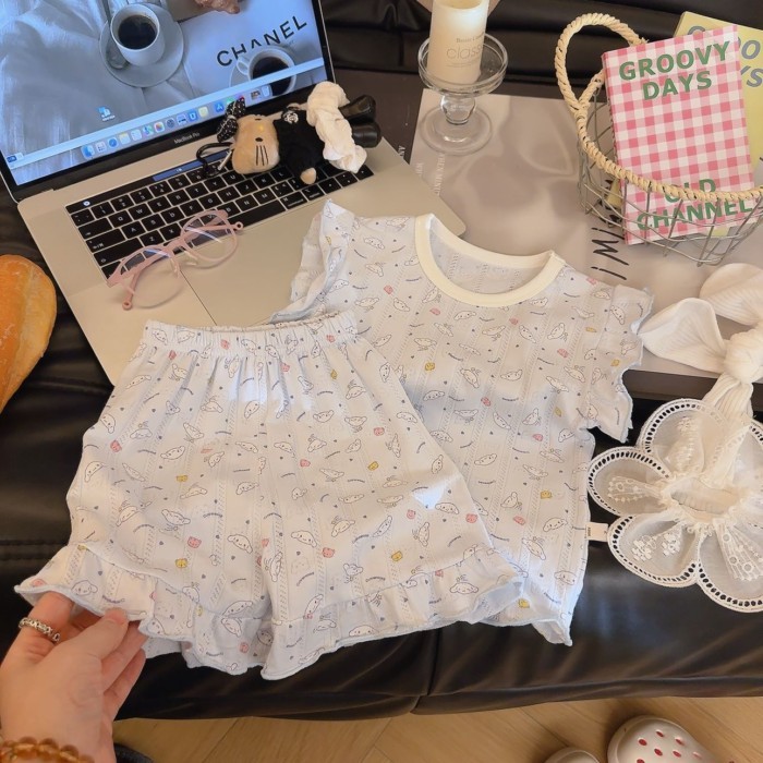Bộ quần short ngắn tay cotton nguyên chất mùa hè dành cho bé gái vừa và lớn mới mặc ở nhà mặc