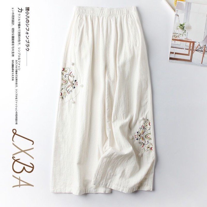 chiếc quần cotton và lanh mùa hè dành cho nữ, quần ống rộng thêu phong cách dân tộc retro mỏng,