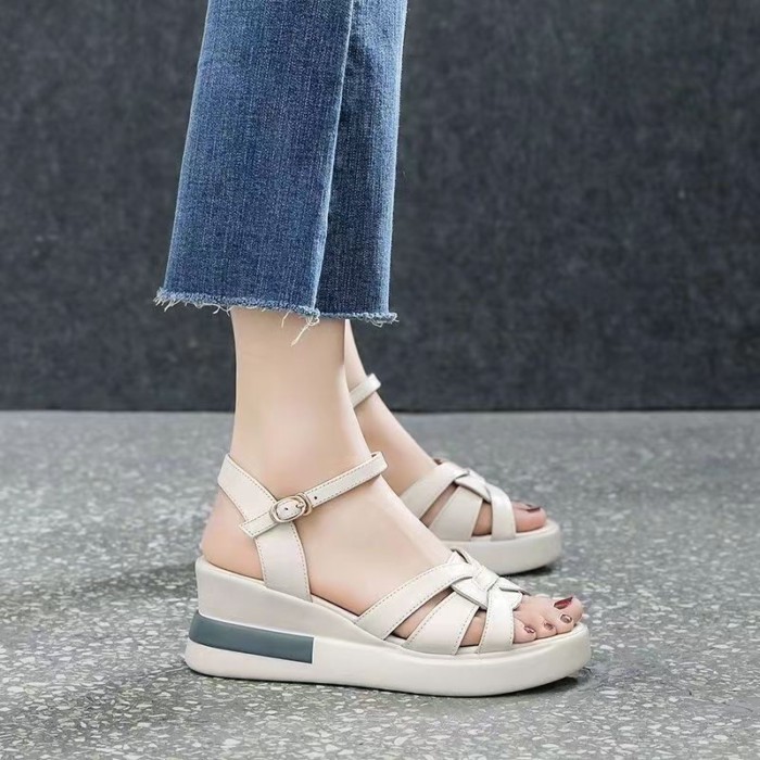 sản phẩm mới, gót nêm một chữ, sandal cao gót vừa, phong cách mới mùa hè cho nữ, đế dày đế chống