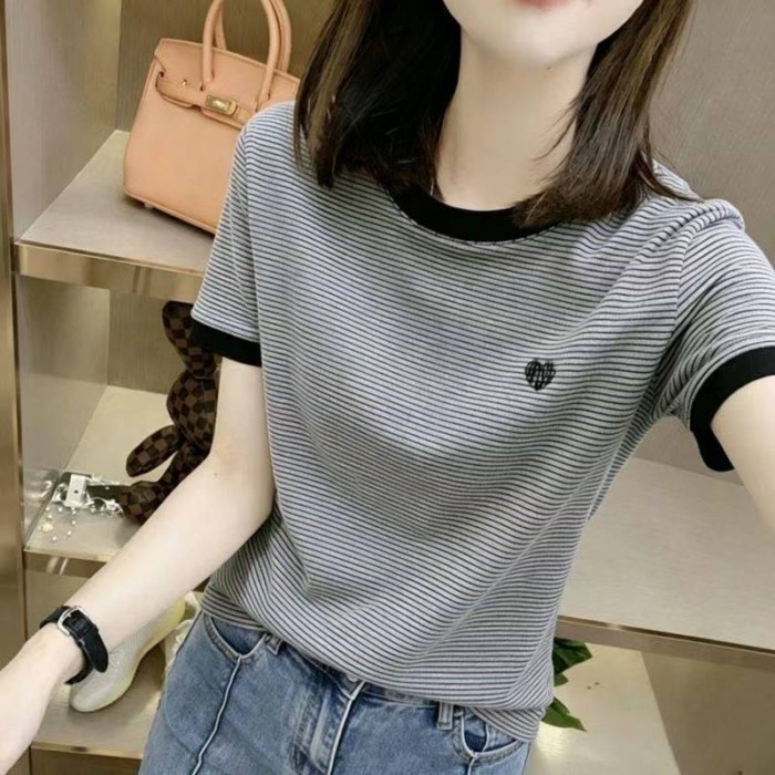 Áo thun ngắn tay sọc lệch vai thêu họa tiết thời trang mùa hè đa năng, dáng ôm, dáng ôm, cổ tròn, á