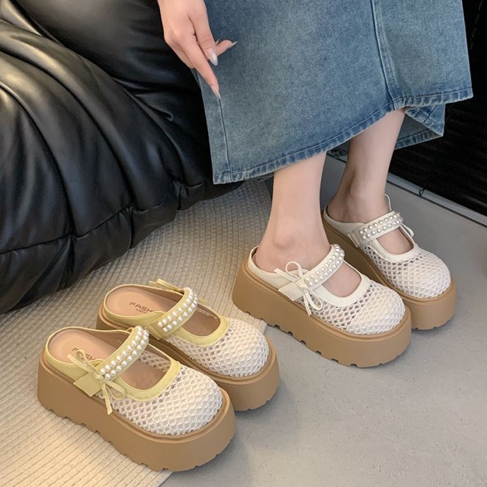 Giày Birkenstock đế dày dành cho người nhỏ nhắn, dép lê nửa trượt bằng lưới kiểu dáng bánh mì thông