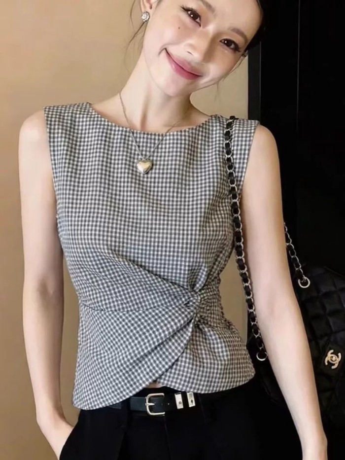 Áo vest không tay kẻ sọc màu xám tương phản sang trọng phong cách Hàn Quốc dành cho nữ áo ngắn x
